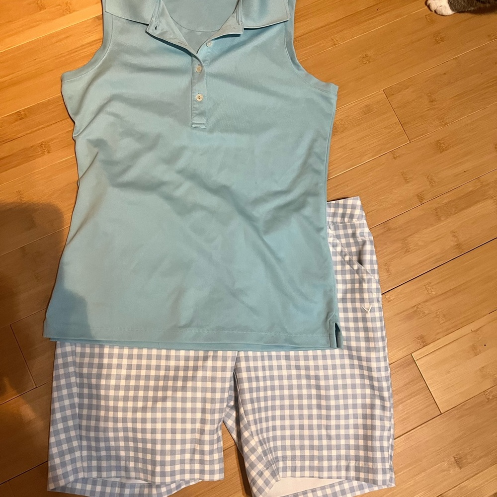 Light Blue Sleeveless Polo and Checkered Shorts Set Calloway golf set top shorts